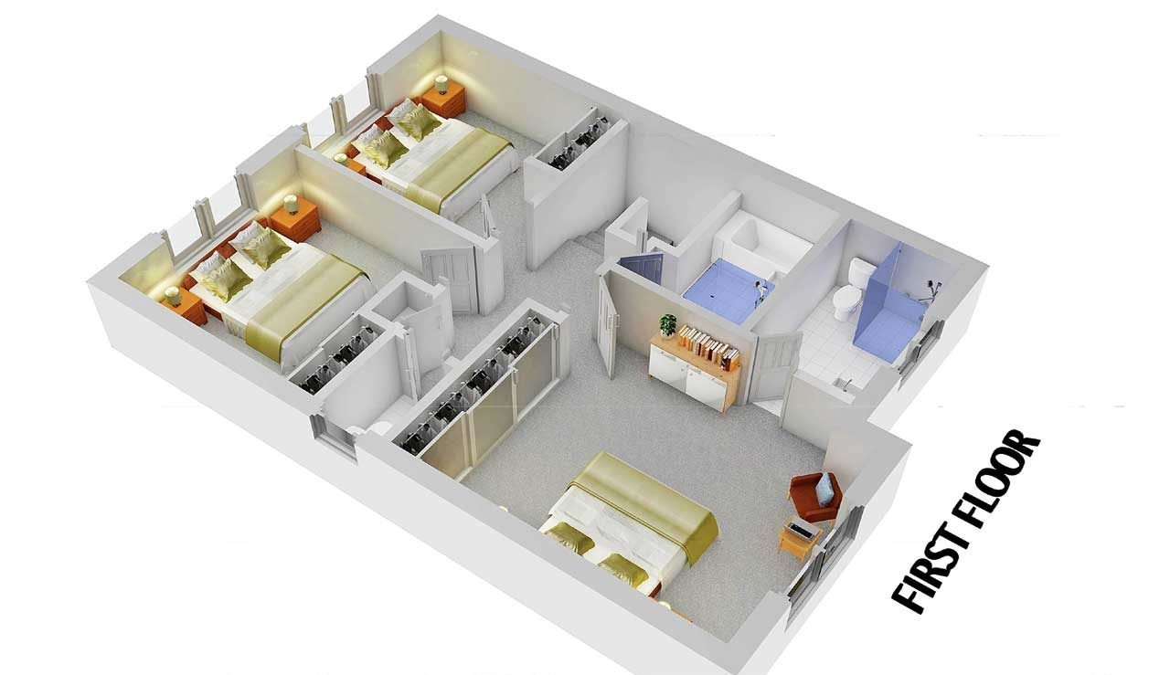 3D floor plan of a first floor with furnished bedrooms
